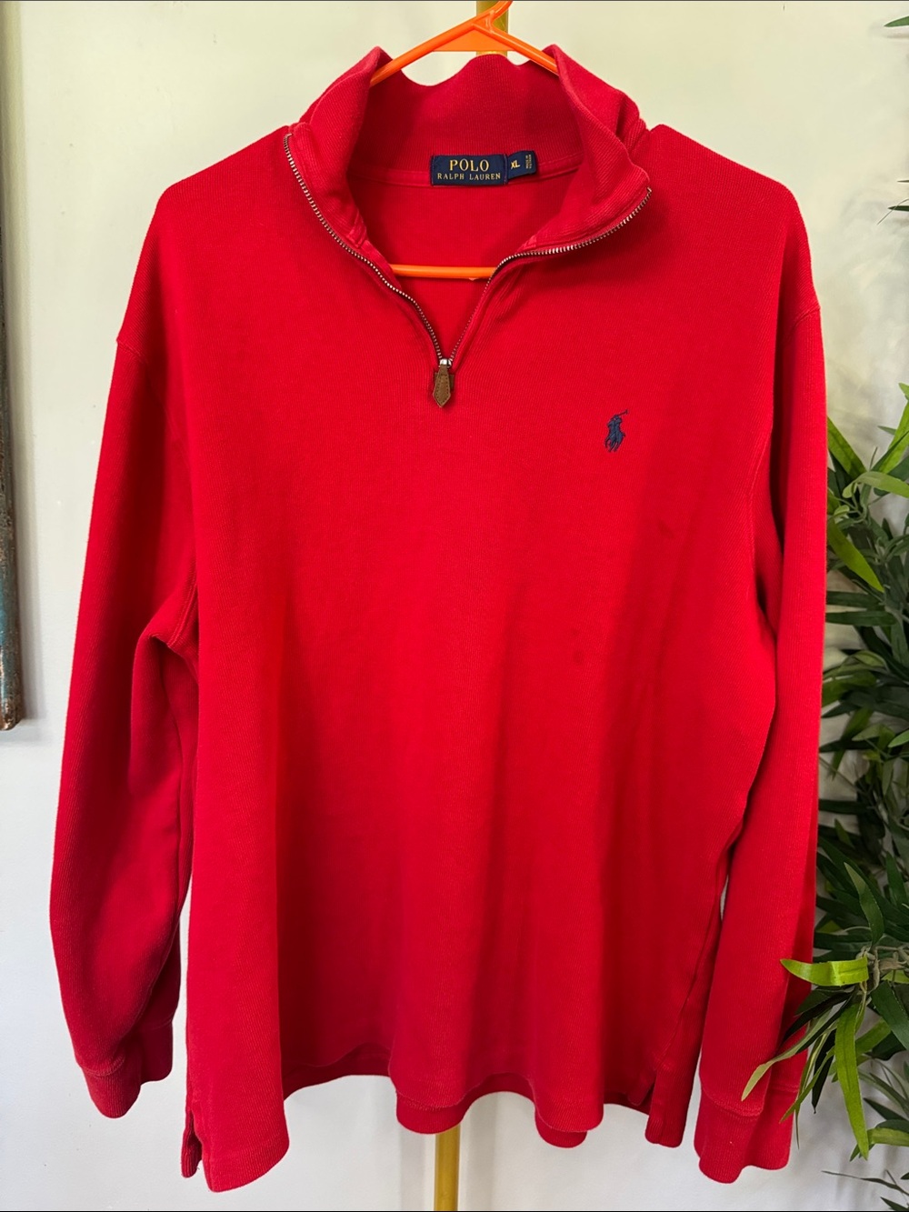 Polo by Ralph Lauren Red cotton knit quarter Zip Pullover with Navy Pony